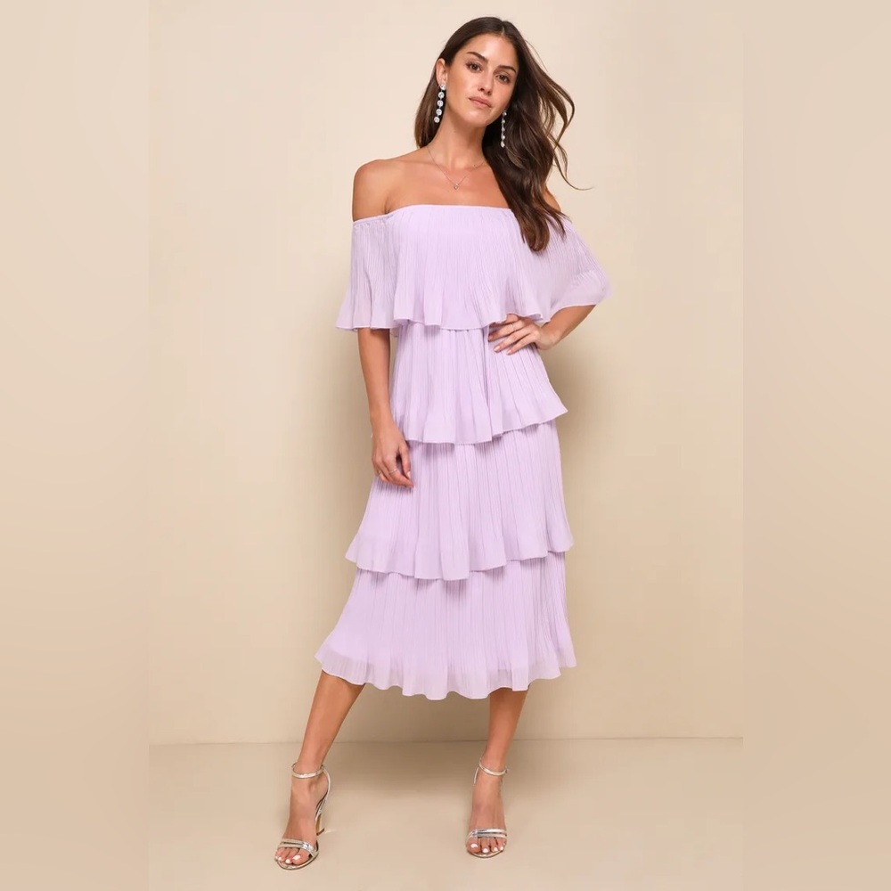 Lulu's Gala Ready Lavender Off-the-Shoulder Ruffle Midi Dress